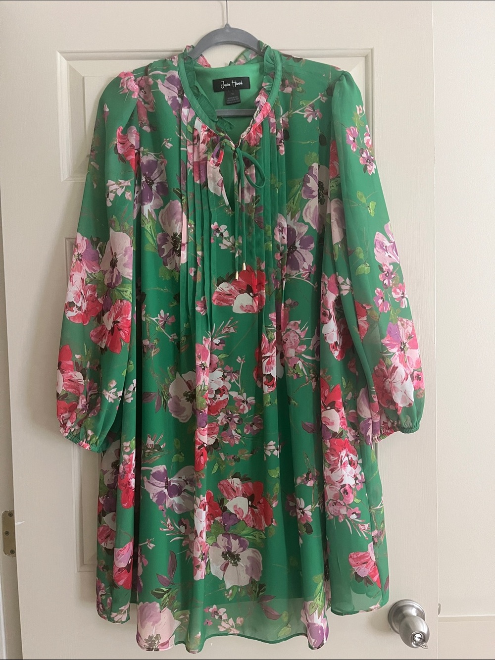 Jessica Howard Green Floral Tie-Neck Dress with Pink & Purple Blooms